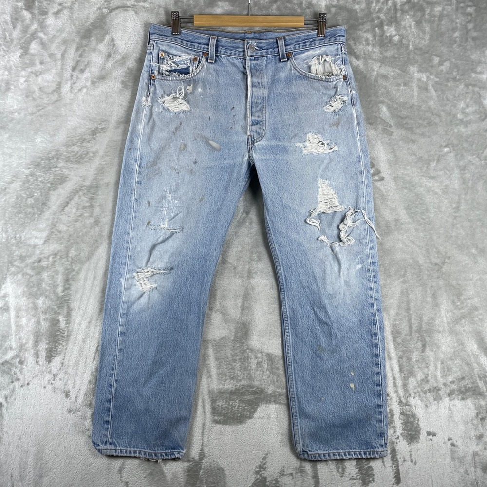 Vintage Levis 501 Jeans Mens 35x30 Blue Distressed Paint Splatter USA Made